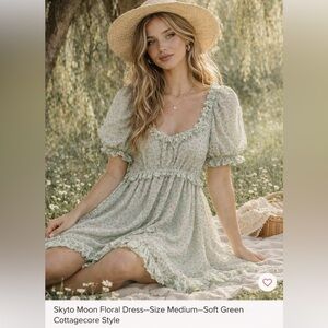 Sky to Moon Floral Dress – Size Medium – Soft Green Cottagecore Style